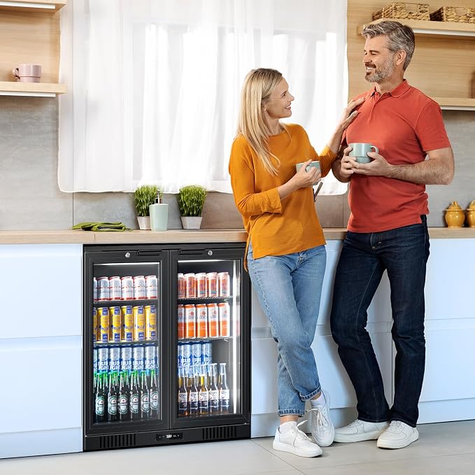 Back Bar Cooler 2 Door 216 Can Black | built-in/free, fast cool, temp memory, 2 locks, LED, low-e glass