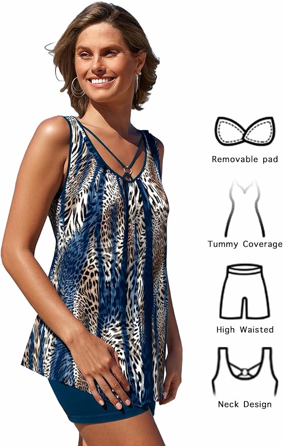 MODLILY Tummy Control Womens Tankini Swimsuits, Two Piece Metal Ring Bathing