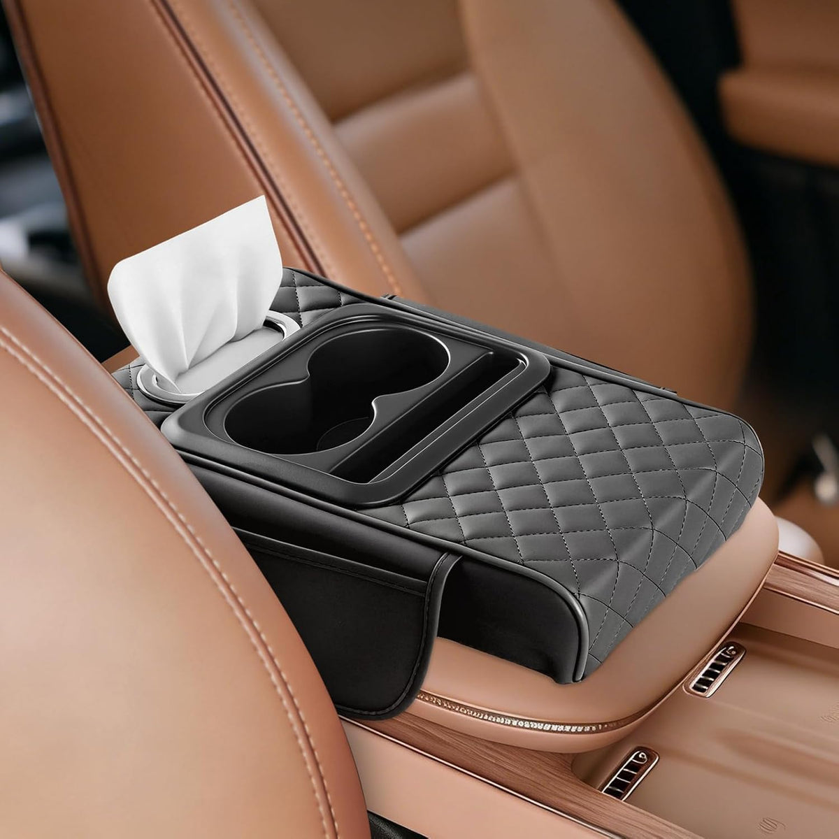 5-in-1 Car Armrest Cushion with Storage, Memory Foam Center Console Organizer W/Cup Holders, Tissue Holder & Phone Slot, Leather Car Armrest Cover Pad, Universal for Cars SUVs Trucks, Brown