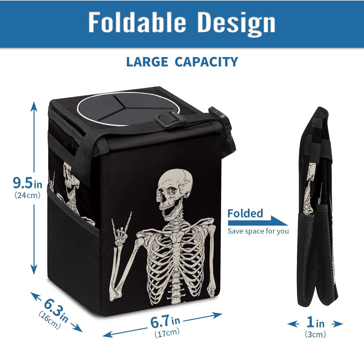 Goth Skull Car Trash with Lid - Leakproof Vehicle Trash Bin Car Accessories
