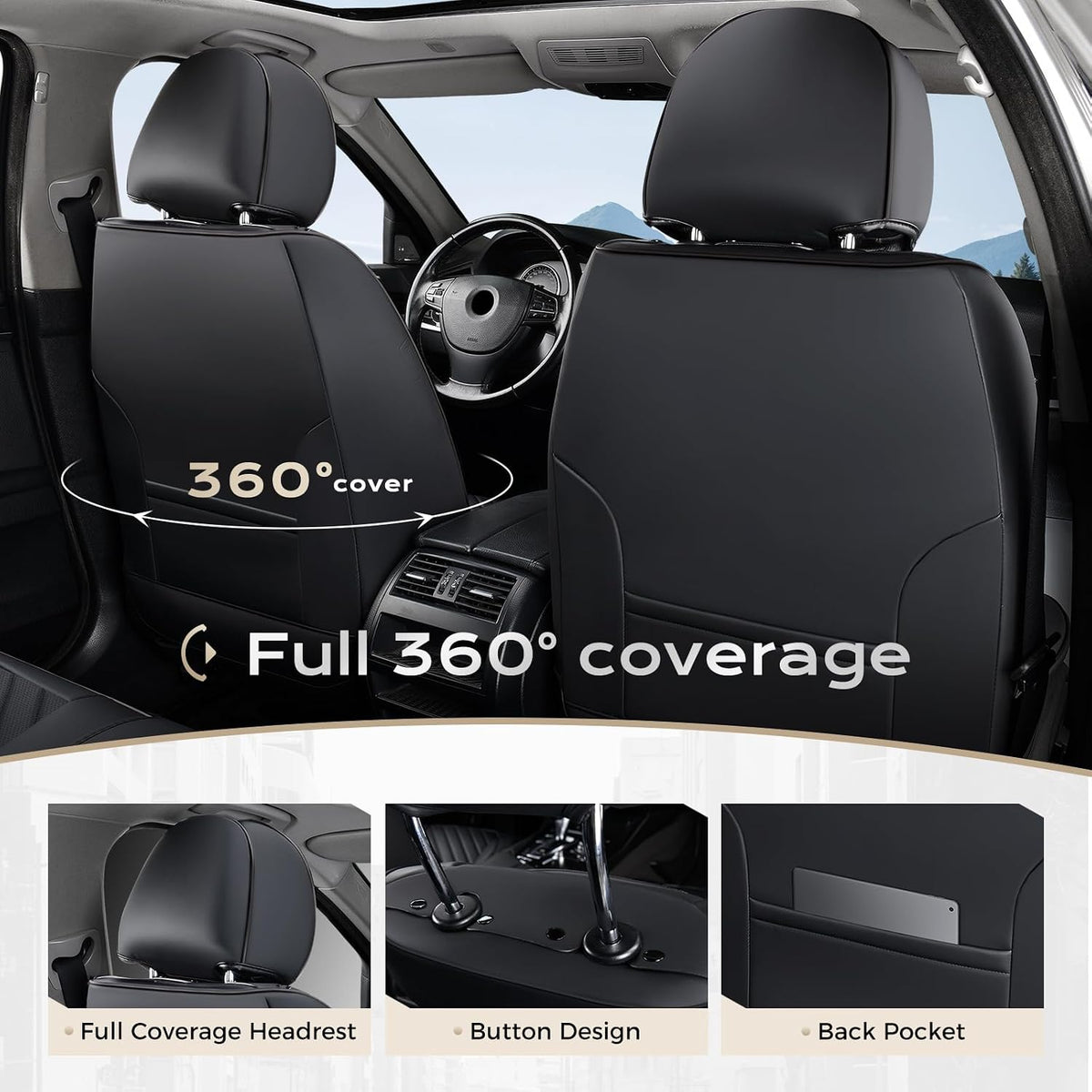 Coverado Car Seat Covers Full Set, Luxury Leather Seat Covers for Front and Back Seat, Black&Purple Seat Cover for Car, Waterproof Car Seat Protector, Car Seat Cushion Universal Fit for Most Cars