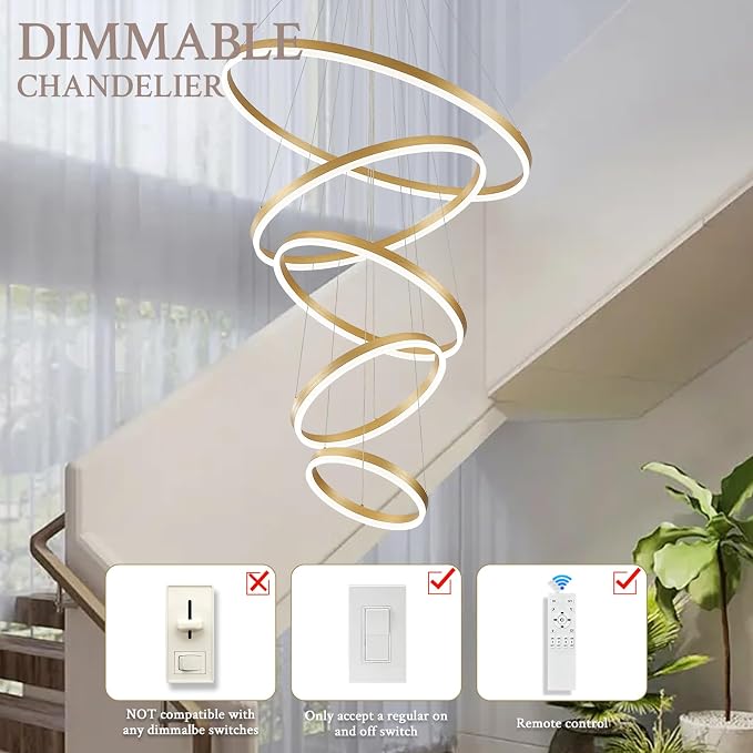 5-Rings D31.5in Modern LED Chandelier Gold Dimmable High Ceiling Chandeliers