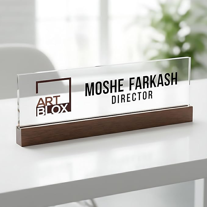 Artblox Personalized Office Desk Name Plate and Business Card Holder | Clear Acrylic Glass with Teak Wood Stand | Business Logo Customized with Your Name and Credentials Office Desk Décor