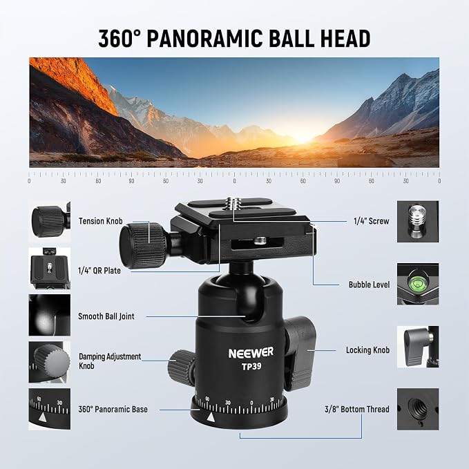 NEEWER Carbon Fiber Camera Tripod Monopod, 360° Ball Head, Anti Slip QR Plate