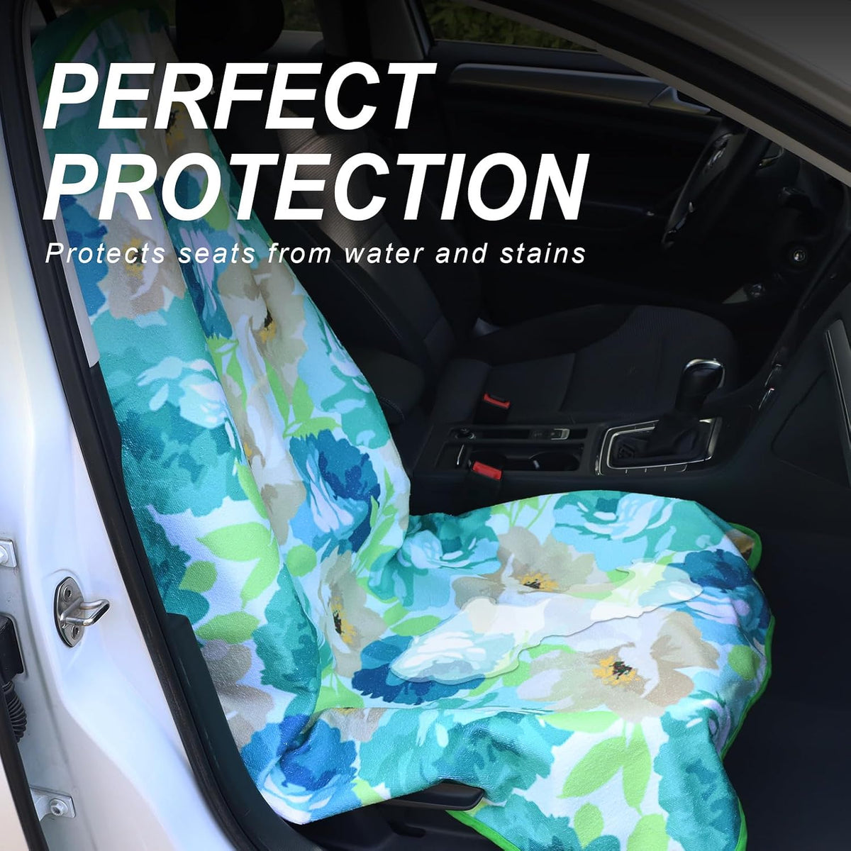 Sweat Towel Car Seat Cover Protector Front Seats for Gym Workout, Running, Swimming, Beach and Hiking, Waterproof Universal Seat Cover for Car, Trucks, Van & SUV (1, Cyan Flower, Front)