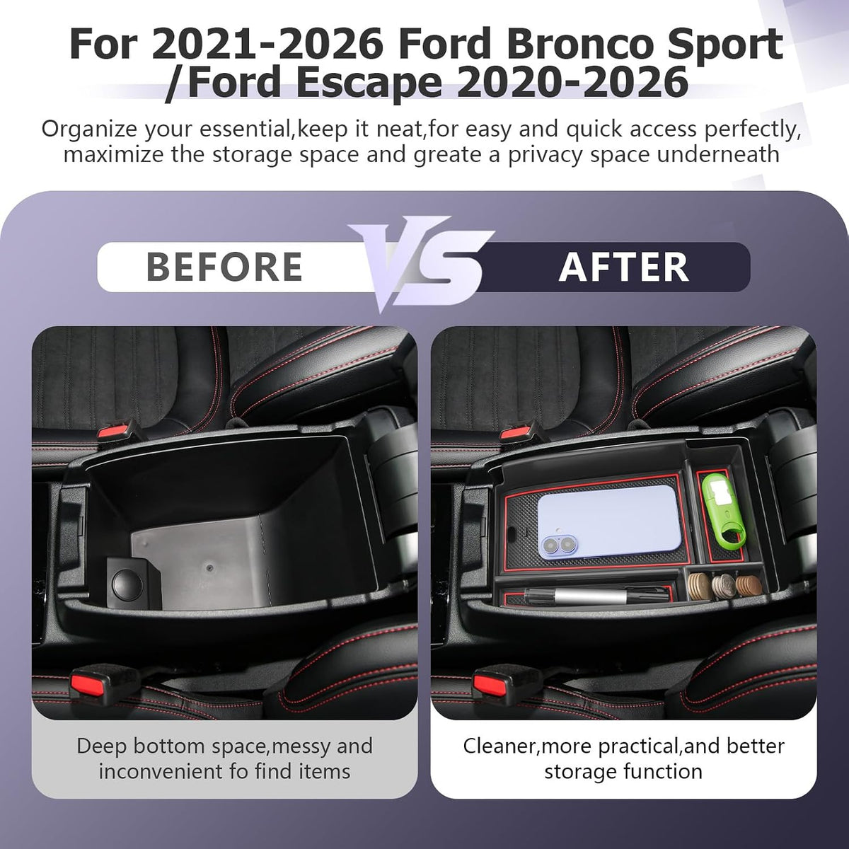 LUWU Center Console Organizer Compatible with Ford Escape 2020-2025 2026 Accessories Bronco Sport 2021-2025 Accessories Armrest Console Storage Box Insert Tray ABS Material Black Coin Container Red