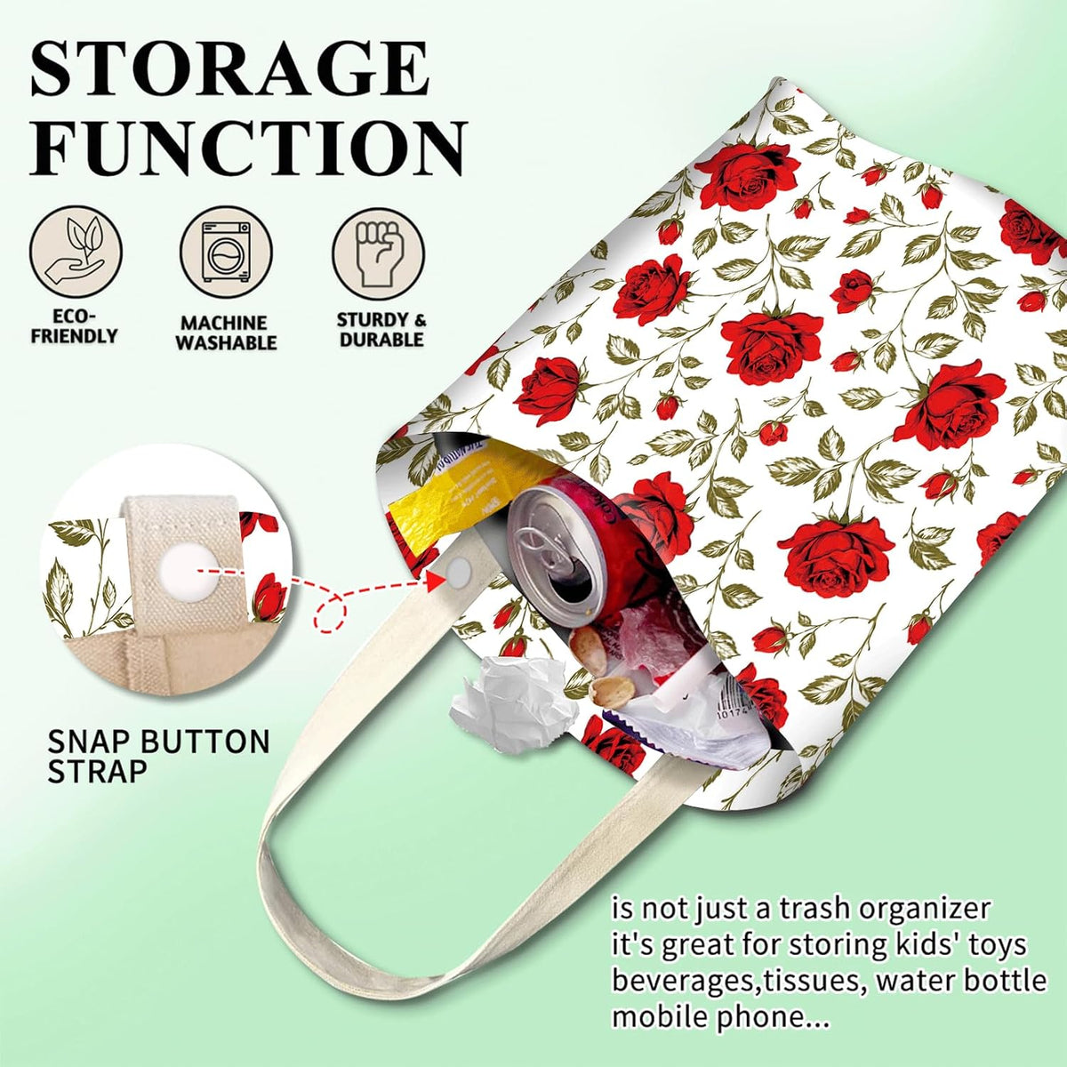 Car Trash Can, Cute Car Trash Bag, Hanging Car Organizer and Storage Bag, Trash Bin for Car Accessories, Vehicle, Travelling, Camping Red Rose Garden