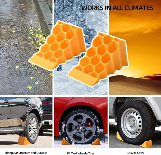 Heavy Duty Wheel Chocks 2 Pack for RV Trailer, Hard Plastic Tire Chocks with Non-Slip Surface, Wheel Stop Blocks for Truck Camper Travel Trailer Parking Safety.