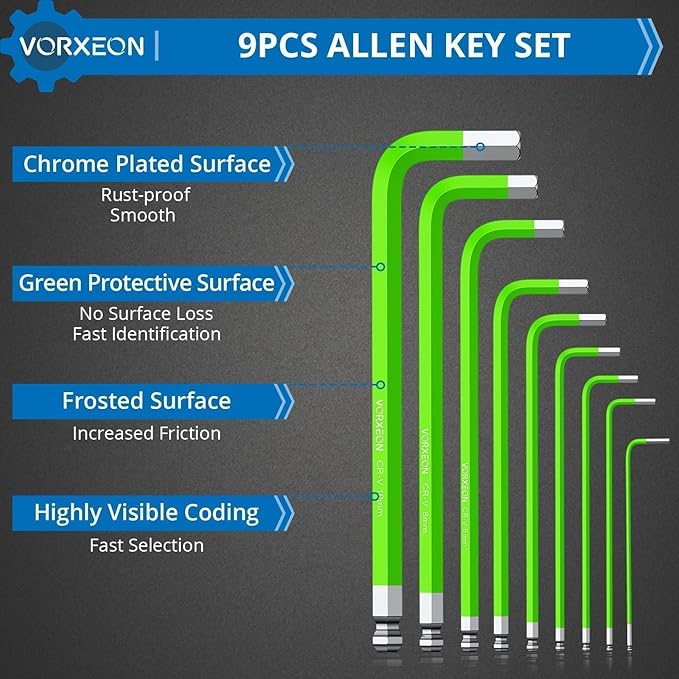 9 PCS Green Allen Wrench Hex Key Set 1.5-10 mm Metric Flat and Ball End Chrome Vanadium Steel and S2 Steel L-key For DIY Repair of parts