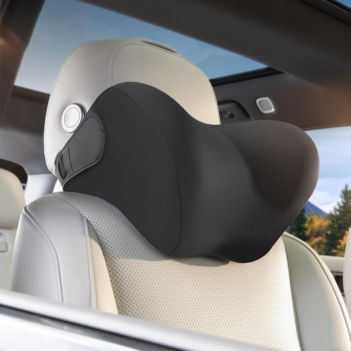 BEBAS Car Headrest Pillow, Memory Foam Neck Support Pillow for Cars - Ergonomically Designed for Long Drives, Travel & Commuting, Pain Relief with Removable & Washable Cover (Black)