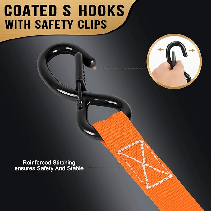 Ratchet Straps - Heavy Duty Tie Downs Straps - 1 Inch x 15 Feet 4 Pack - Safety S Hooks & Soft Loops, 1800LBS Break Strength for Men, Trucks Cargo Moving appliances Motorcycle ATV（Orange）