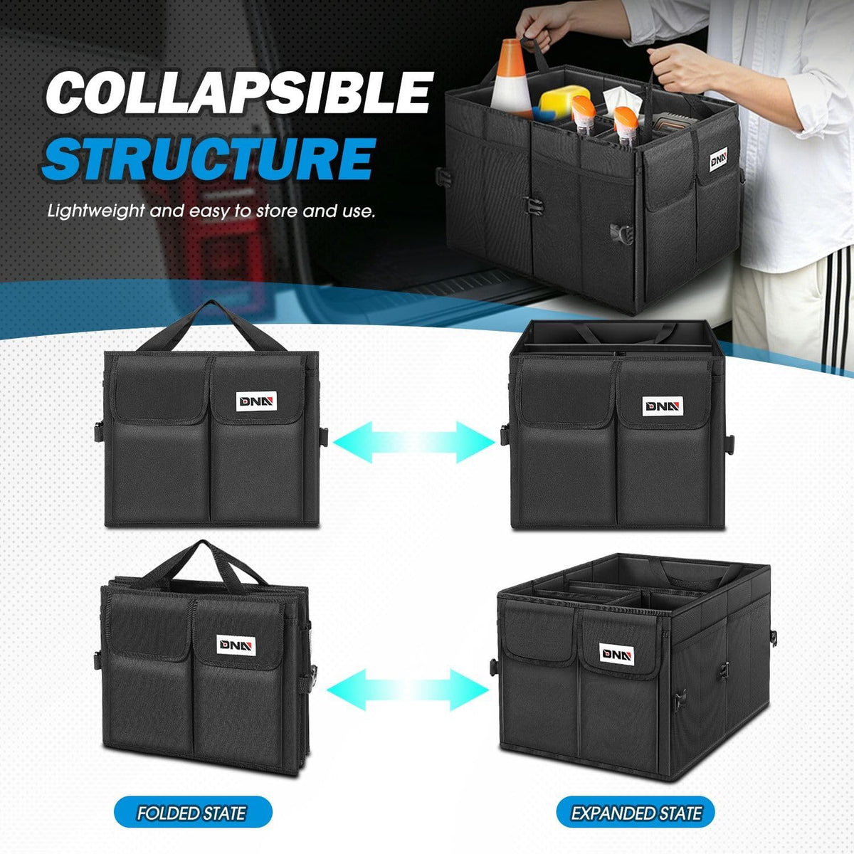 DNA Motoring Trunk Organizer for SUV, Large Capacity Car Organizer and Storage with 4 Compartment, Foldable Trunk Organizer for Car, 60L Black