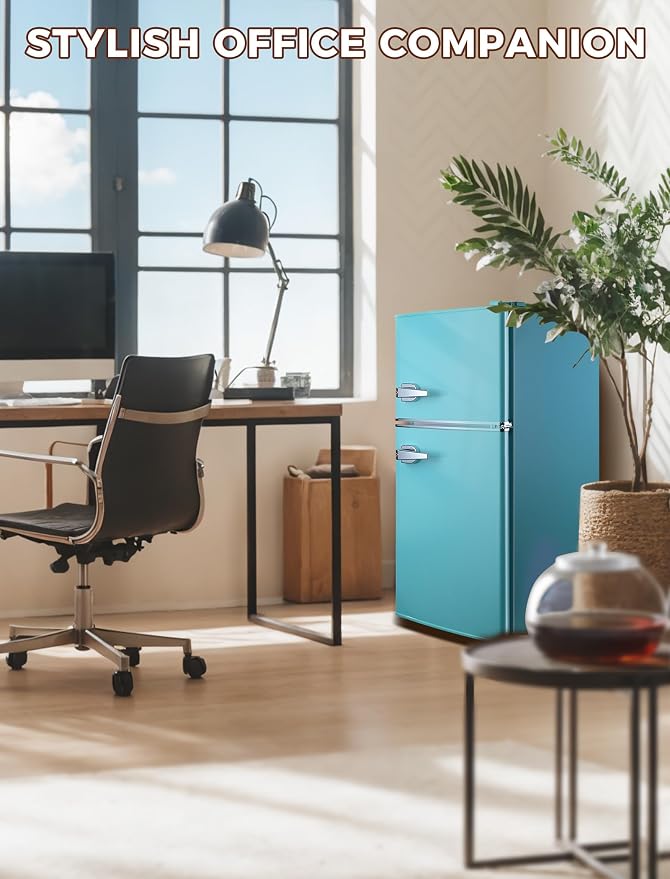 Anypro 3.2 Cu.Ft Refrigerator, Retro Double Door Fridge with Freezer, 7 Adjustable Temperature Settings, Removable Glass Shelves for Dorm, Office, Bedroom, Apartment, Blue