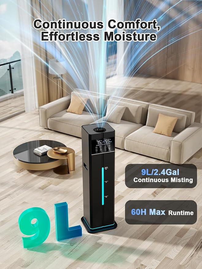 9L/2.4Gal Smart Cool Mist Humidifier, Top Fill Quiet Humidifier Large Room, Covers 550ft², App & Remote Control, 60H Runtime, 7 Colors Light, 4 Mist Modes Humidifiers for Bedroom, Office, Black