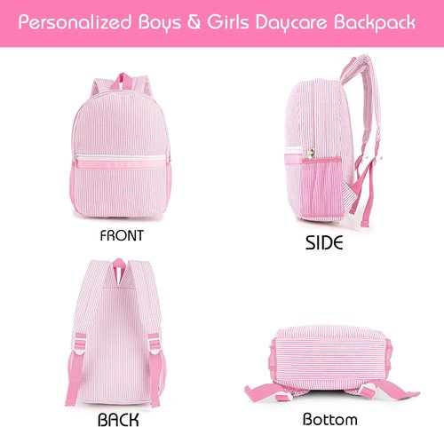 MT WORLD Personalized Toddler Backpack - Embroidered Name Seersucker Design for Girls 2-4 (Pink)