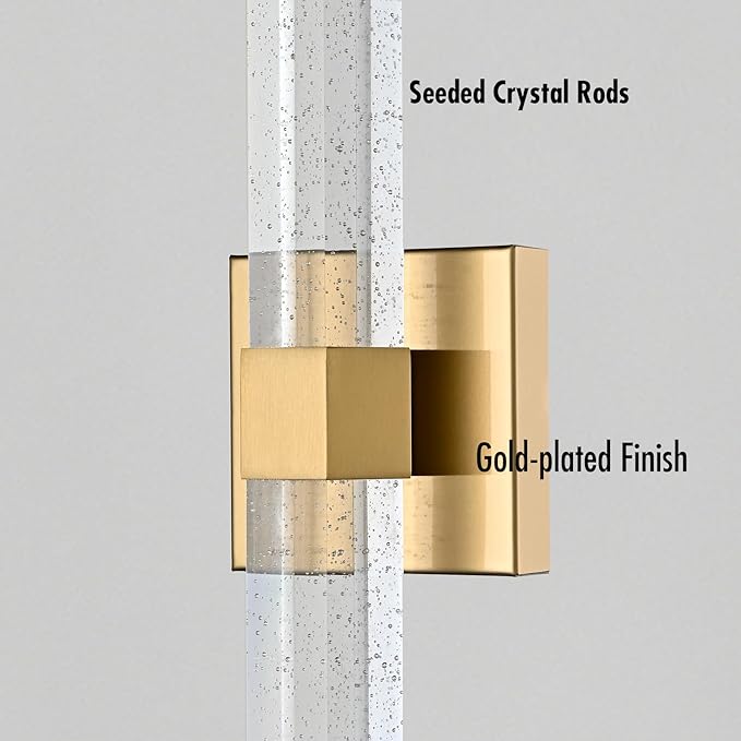 HOLKIRT Gold Bath Vanity Light Crystal Wall Sconce Light 15.7" Modern LED Vanity Wall Light Over Mirror with Seeded Crystal Rods 3000K/4000K/6500K Indoor Wall Lamp for Bathroom Bedroom Hallway