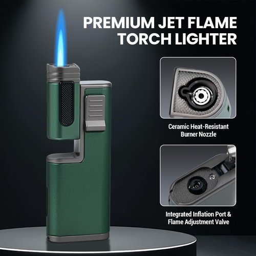 KAMBOLLY Cool Torch Lighter, Refillable Butane Torch Lighters with Rotating Head & Visible Window, Adjustable Windproof Jet Flame and Foldable Punch, Unique Creative Gift for Men (Without Fuel)