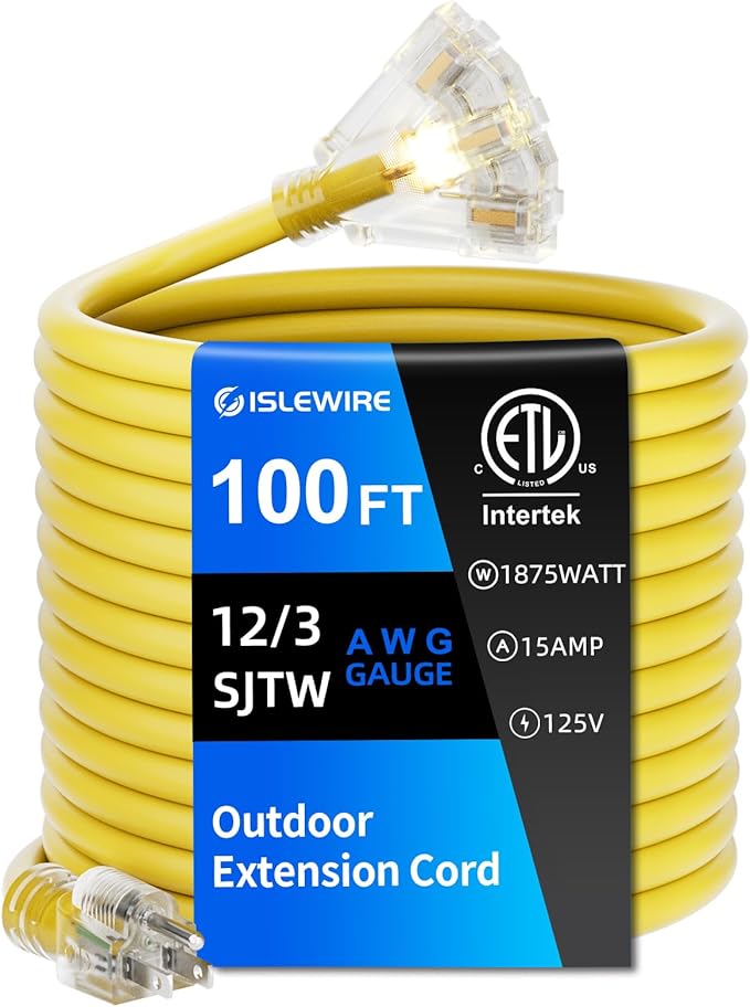 100 FT Outdoor Extension Cord with Multiple Outlets, 12 Gauge Heavy Duty Yellow Extension Cord Waterproof with 3 Outlet, 3 Prong Power Cord for Garden and Home Use Indicator Light, ETL Listed