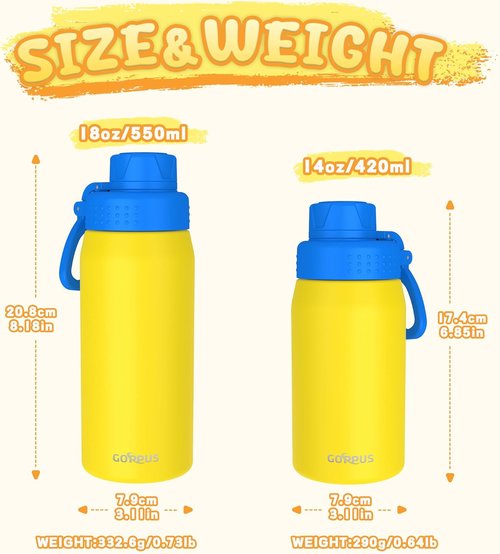 GOPPUS Kids Water Bottle - 19oz Stainless Steel Insulated, Leakproof, BPA Free - Yellow for School