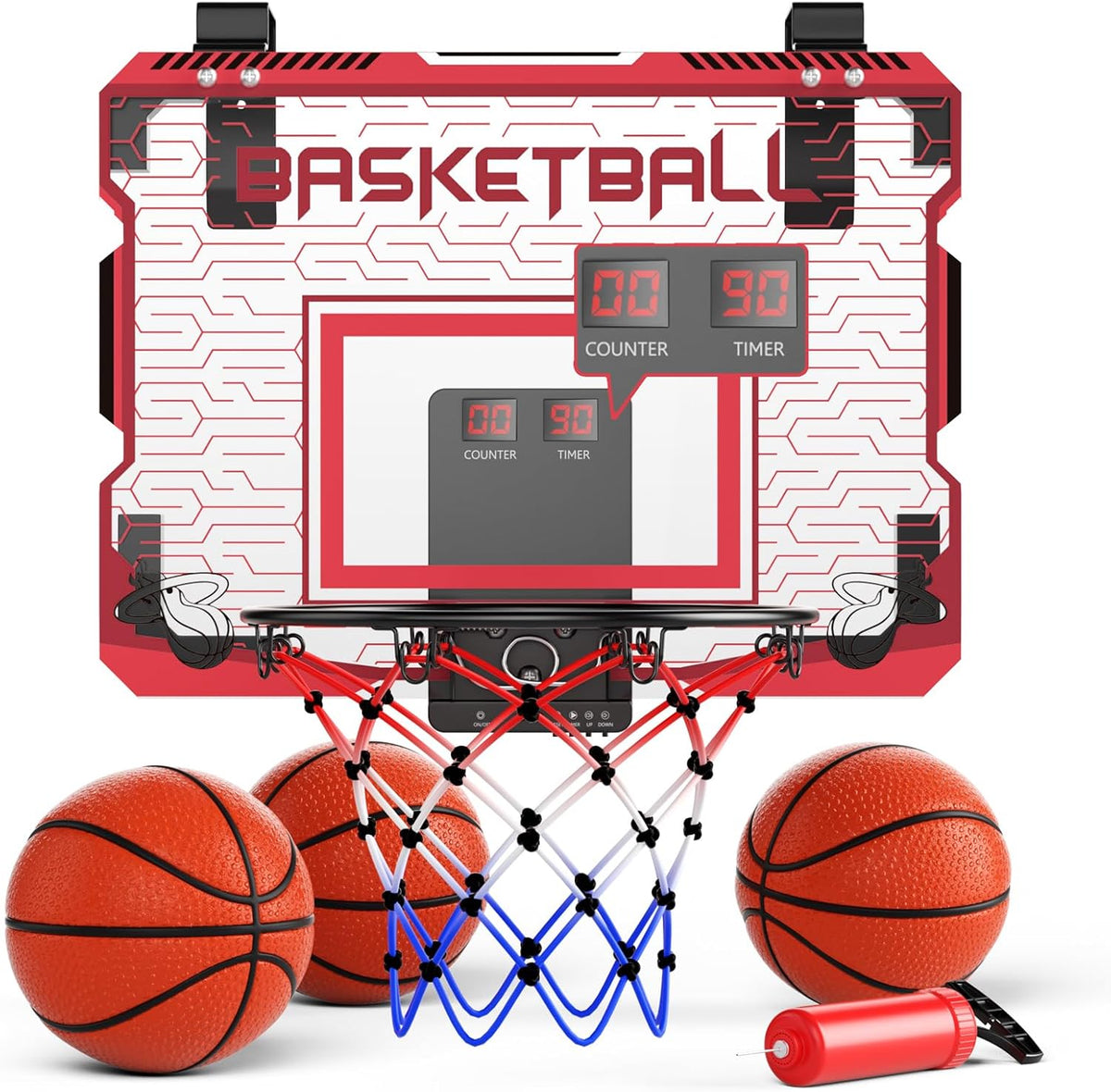 Skiennix Indoor Mini Basketball Hoop - Over The Door with LED Lights & Sound Effects | Includes 3 Balls, Perfect Sports Gift for Kids Ages 6-12