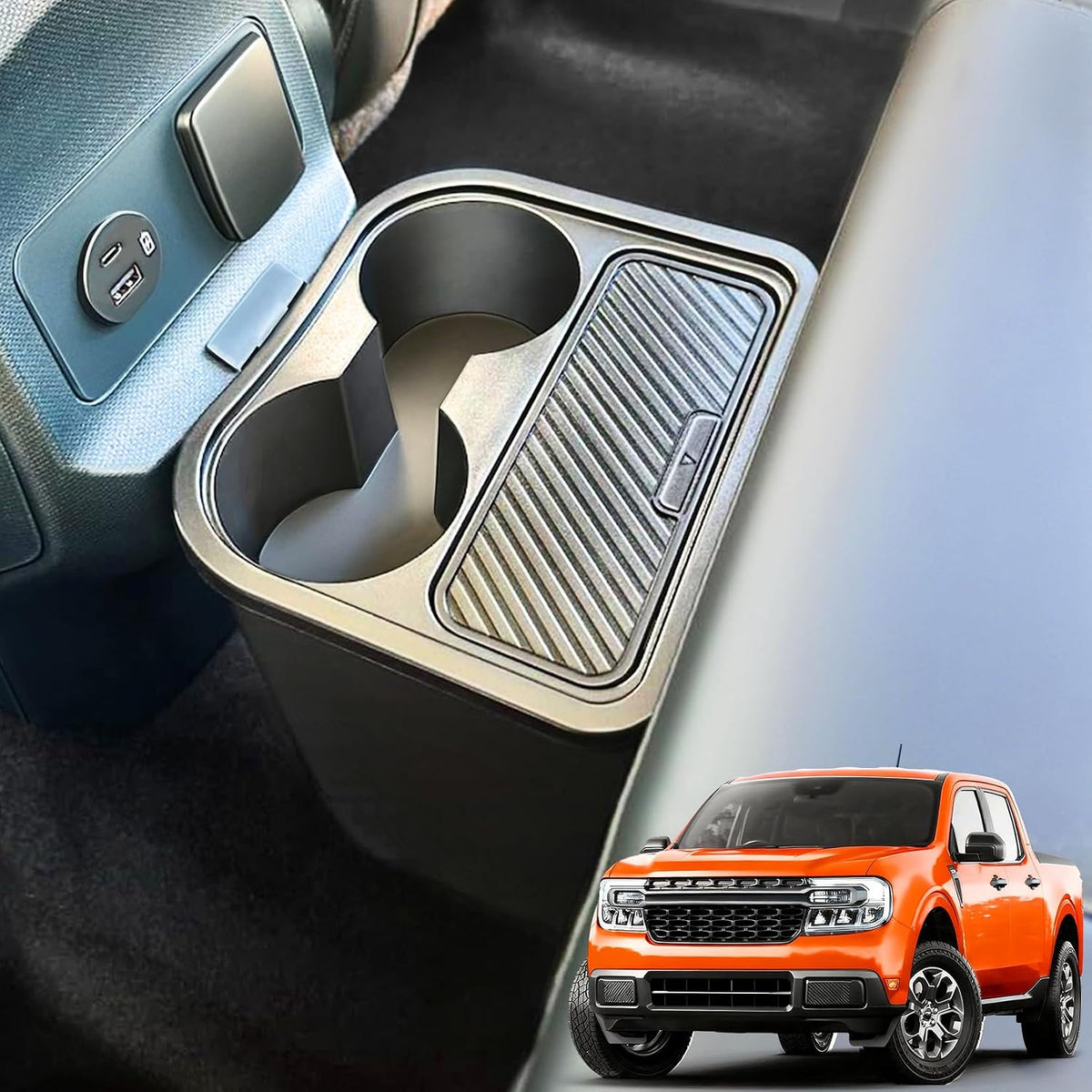 Trash Can for Ford Maverick 2025 2024 2023 2022,Upgraded Rear Trash Bin with Dual Cup Holder for Maverick Interior Accessories,Multi-Function Insert Expander Storage Box Organizer 2025 New