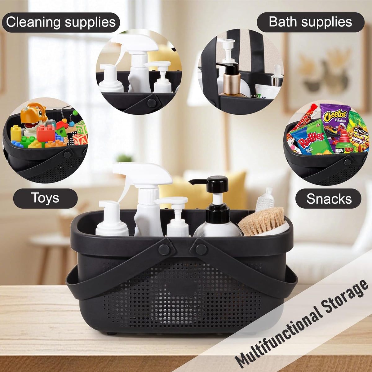 JiatuA Plastic Storage Basket with Handle Portable Shower Caddy Tote Organizer Basket Bin for Bathroom Kitchen Dorm Room Bedroom, Black
