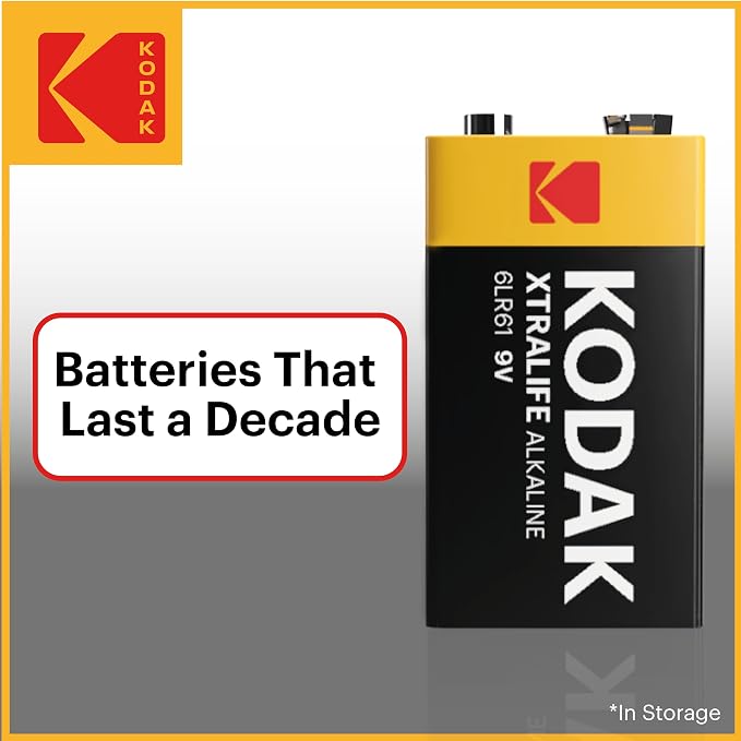KODAK 9V Alkaline Batteries 9 Volt High-Performance Battery Pack, 10-Year Shelf