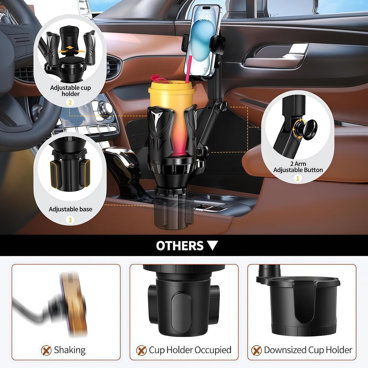 2-in-1 Car Cup Phone Holder for Your Car, Expander with Adjustable Base, 360 Rotation, Compatible for All Smartphones up to 4.13”, Universal Fit for Truck/SUV, Anti-Slip & No Shake Design -Black