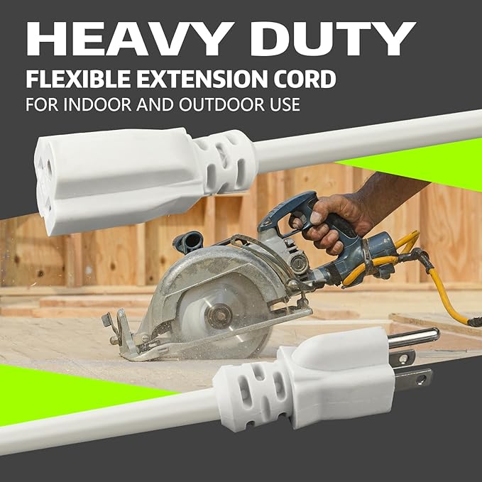 Indoor Outdoor Extension Cord, 12 Gauge 3 Prong Weatherproof Heavy Duty White Extension Cords，12/3 SJTW 15A 25 FT Extension Cable for Garage, Garden and Home, UL Listed