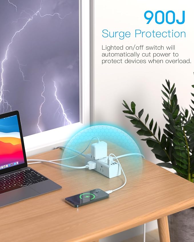 10 Ft Power Strip Surge Protector - One Beat 10ft Extension Cord with 6 Widely Outlets 4 USB Ports (2 USB C), Wall Mount Outlet Extender, Flat Plug Power Strip for Travel Home Office College Dorm Room