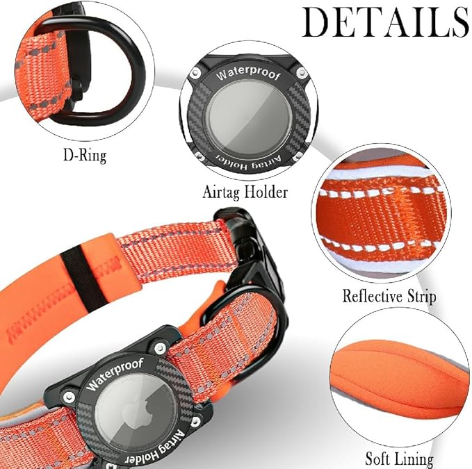 Upgraded AirTag Dog Collar, IP68 Waterproof Dog Collar with Apple Air Tag Holder, Reflective Adjustable Heavy Duty Dog Collars with Soft Padded for Small, Medium and Large Dogs,Orange, M