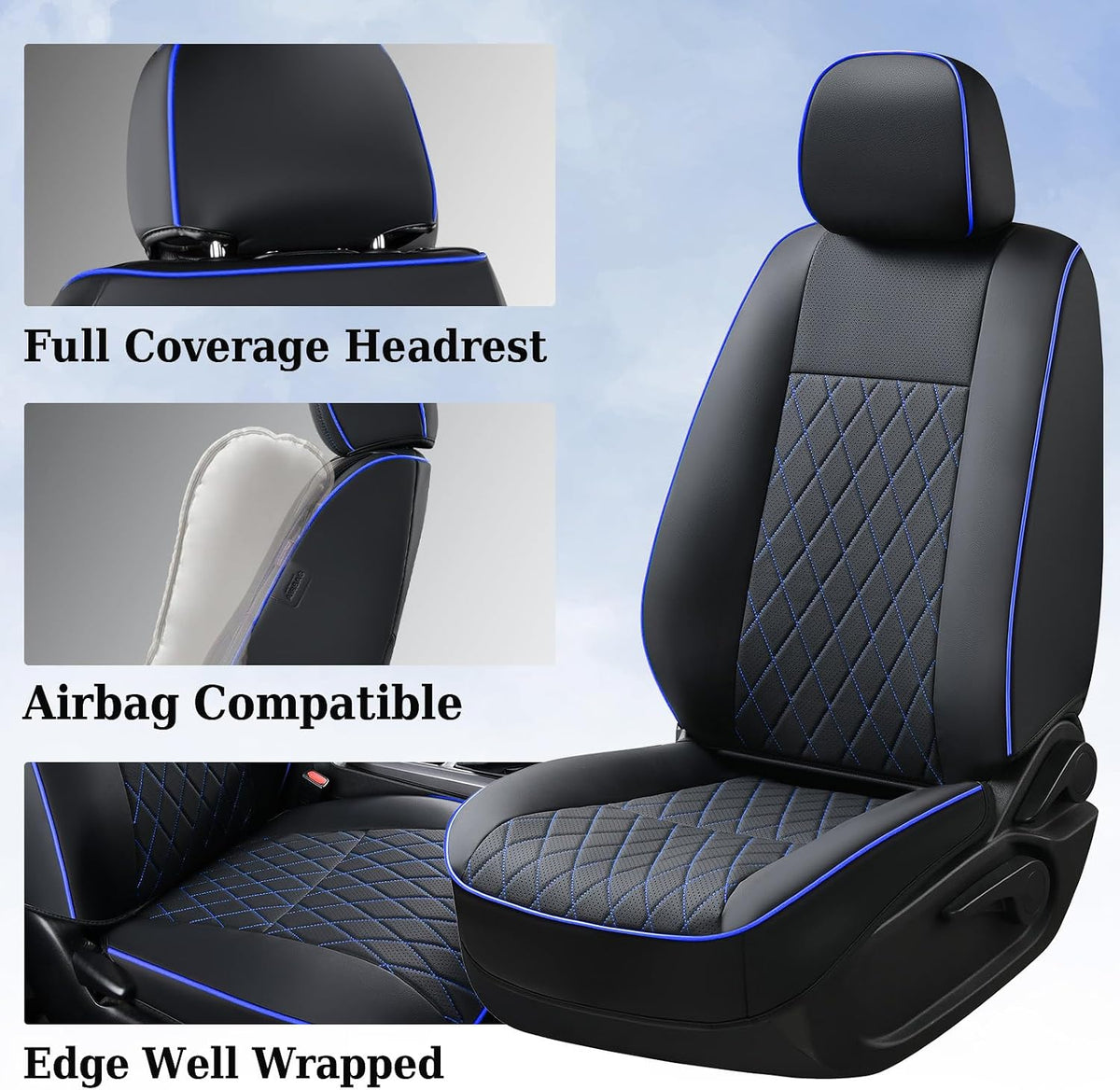 Coverado Tacoma Seat Covers, Car Seat Covers Front Seats, Leather Seat Covers for Cars Car Seat Protector Cushion Tacoma Accessories Custom Fit 2005-2015 Toyota Tacoma Double/Crew Cab(Blue Line)