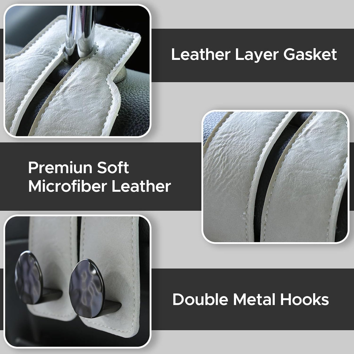 Leather Car Purse Hook for Headrest, 4 Pack, Grey-Black