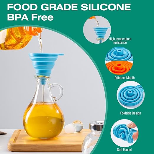 KALAVE Kitchen Funnel Set 6 Pack - Food Grade Silicone Collapsible Funnel, Funnels for Kitchen Use Filling Bottles, Daily Cooking, and Water or Powder Transfer. (Multicolor)