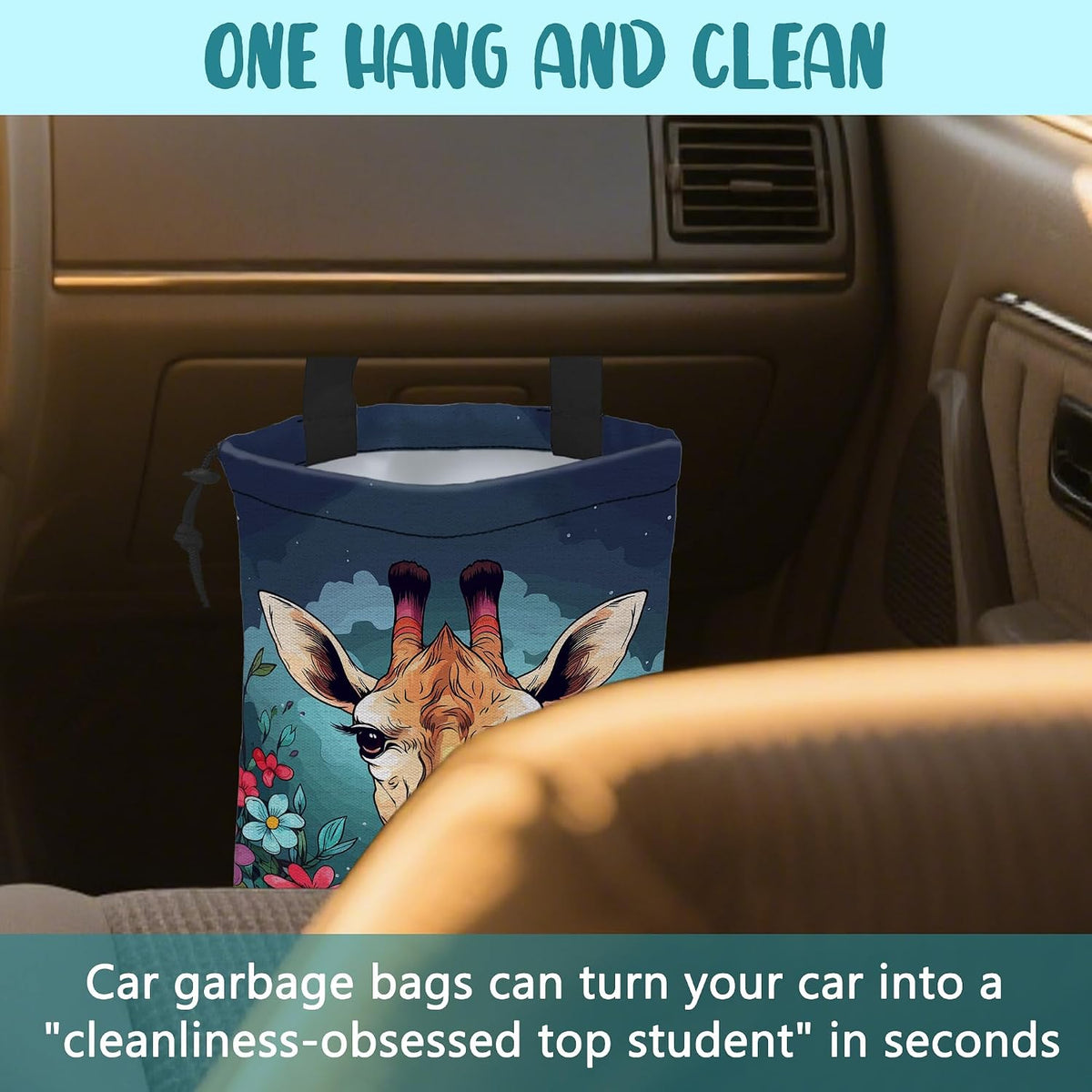 Car Garbage Bag Giraffe and Colorful Flowers Drawstring Car Trash Bag Hanging for Back Seat with Adjustable Buckle Canvas Vehicle Trash Can Easy-to-Install