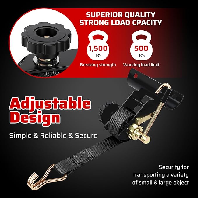 Black Rack Straps with J-Hook (4PK),1.5" x7.5' Ladder Rack Ratchet Straps, 2" Round Tube Mount, Perfect Ladder Rack Tie-Downs for Trailer Cargo Control