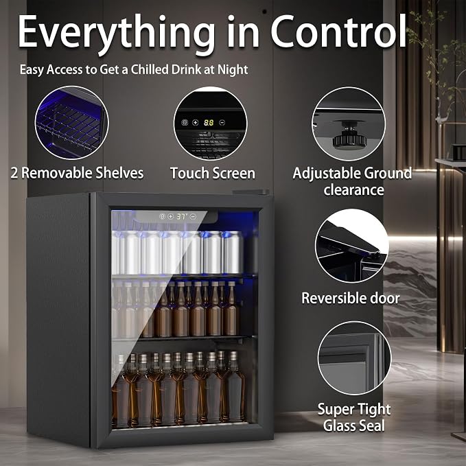 70 Can Mini Fridge, 1.7 Cu.Ft Beverage Refrigerator Glass Door | Compact Drink Fridge with Reversible Door for Soda Wine Beer, Quiet Small Cooler for Home Office Bar, Black (37-61 ℉)