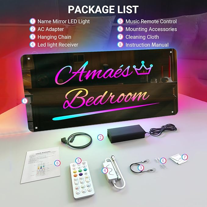 Personalized Name Mirror LED Light with Remote, RGB Custom Name Light Up Signs for Bedroom, Color Changing LED Mirror Name Signs Party Music Sync, Neon Sign Customizable Smart APP Control
