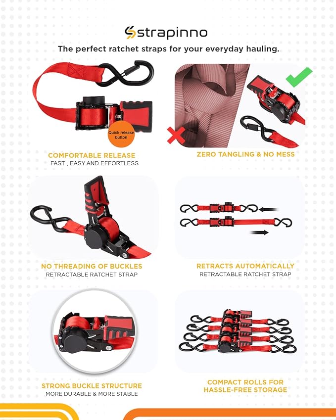 Strapinno 4pcs Retractable Ratchet Straps Bundle 1in x 6ft Ratchet Tie Down with Rubber Coated Steel Handle, S Hooks, Breaking Strength 1500 lbs Each (Red Strap, Black Coated Buckle)