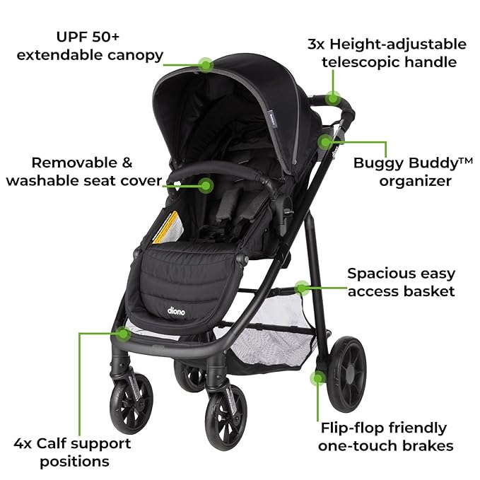 Diono Quantum 4 3-in-1 Travel System with LiteClik 30 R SafePlus Infant Car Seat and Base, Rear-Facing for Infants 4-30lbs, Includes Infant Car Seat Folding Stroller and Toddler Seat (Black Jet)