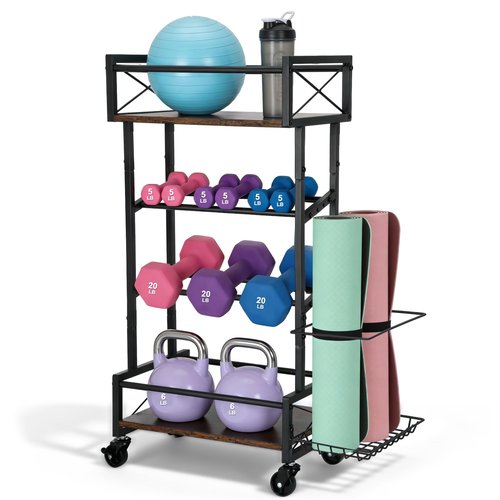 Bootuu Yoga Mat Storage Rack, Home Gym Storage Rack, Retro Metal & Wood Weight Storage Racks for Yoga Mat, 360° Roller & Fitness Equipment, 60 Lbs per Shelf