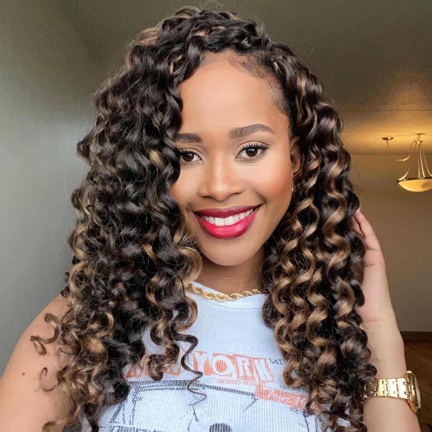 Toyotree Ocean Wave Crochet Hair - 14 Inch 8 Packs Brown Highlight 3 Tones Mid-Length Curly Deep Wave Crochet Hair, Synthetic Oc