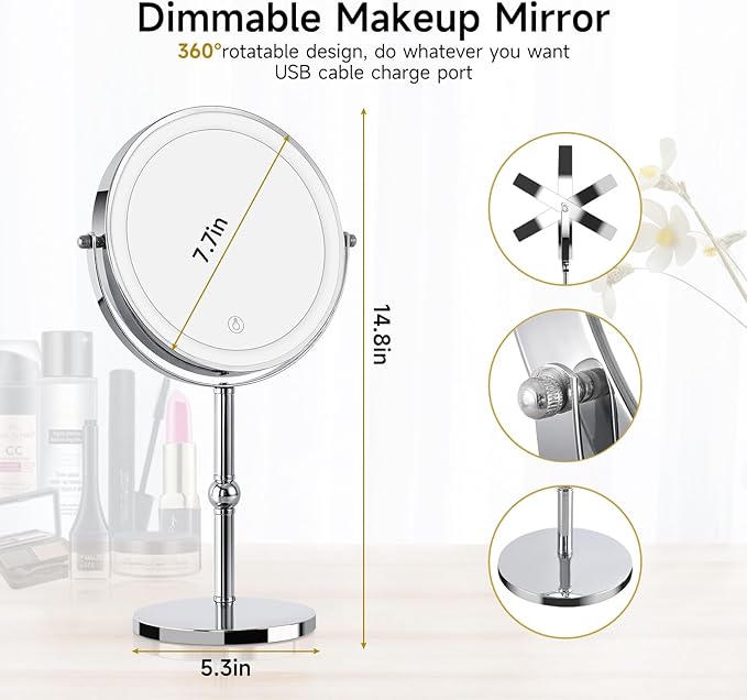 Lighted Makeup Mirror with Brighter Lights,1x/10xTrue HD Magnifying Tabletop Vanity Mirror with Touch Control, 360°Rechargeable Double Sided Mirror with 3 Colors Dimmable Lights