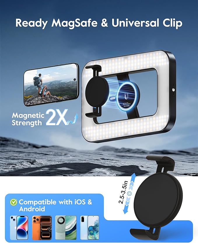 Magnetic Ring Light with Stand and Phone Clip, 6000mAh Phone Tripod with Light
