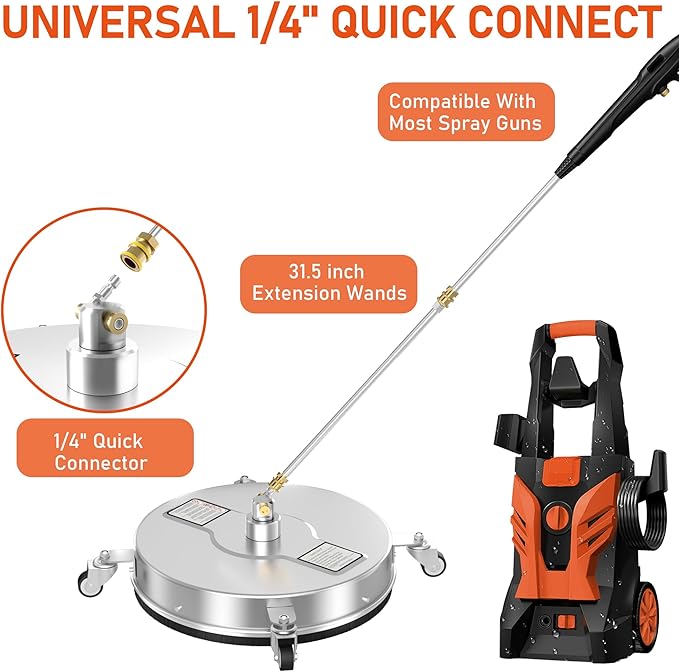 16.5" Pressure Washer Surface Cleaner with 4 Wheels, 4000 PSI Max Stainless Steel Surface Cleaner for Pressure Washer, 2 Extension Wands, 1/4" Quick Plug, for Concrete, Patio, Sidewalk, Deck