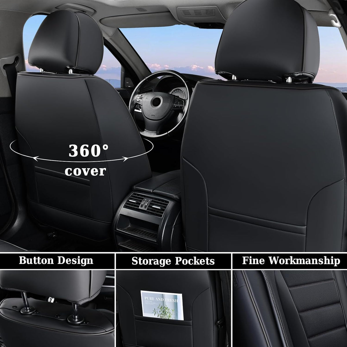 Coverado Seat Covers, Car Seat Covers Front Seats, Car Seat Protector Waterproof, Car Seat Cover, Car Seat Cushion Nappa Leather, Black Seat Covers for Cars Carseat Cover Universal Fit for Most Cars
