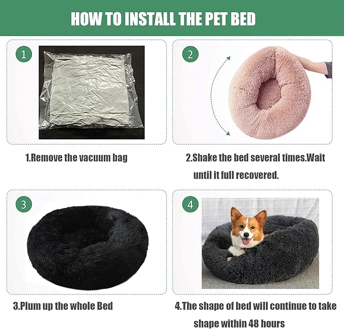 Calming Faux Fur Dog Beds Calming Donut Cuddler Dog Bed Washable Round Cat Bed Pillow Cuddler Fluffy Indoor Dog Calming Beds with Anti Slip Bottom Solid Color Pink 16 Inch
