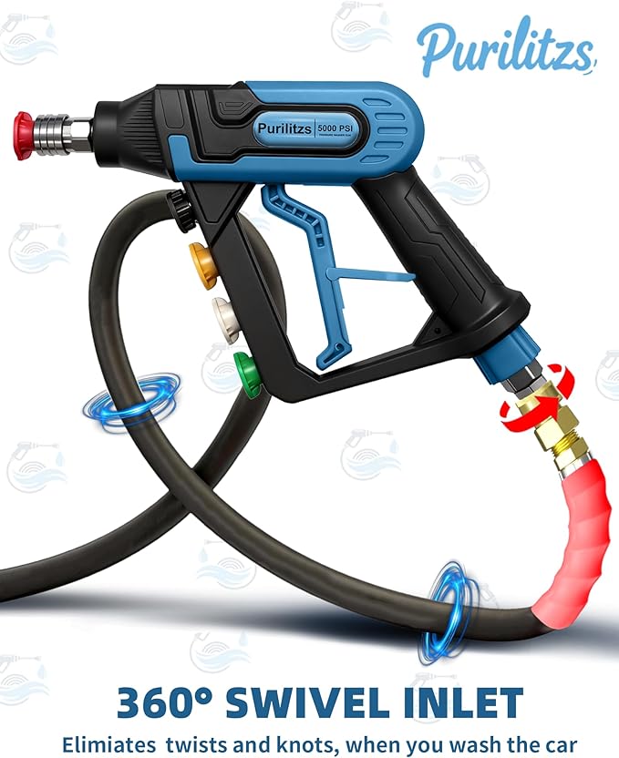 5000 PSI Pressure Washer Gun with Swivel 3/8" Plug & M22 Coupler, Short Power Washing Gun with 5 Nozzle Tips, 1/4" Quick Connect Outlet for Foam Cannon Car Wash