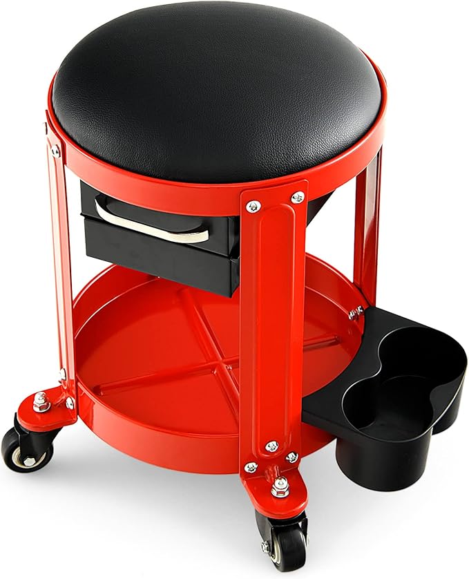 Nightcore Workshop Rolling Seat, Round Creeper Stool with Removable Cushion, Tool Tray, 2 Drawers & Twin Can Holders, Mechanic Roller with 4 Universal Casters for Garage, 300 Lbs Weight Capacity
