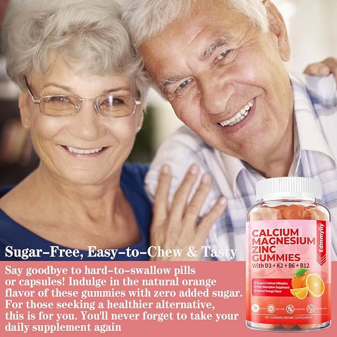 Sugar Free Calcium Magnesium Zinc Supplement Gummies with Vitamin D3 & B12 for Women and Men High Absorption Calcium Magnesium Supplement for Immune Support (120 Counts)